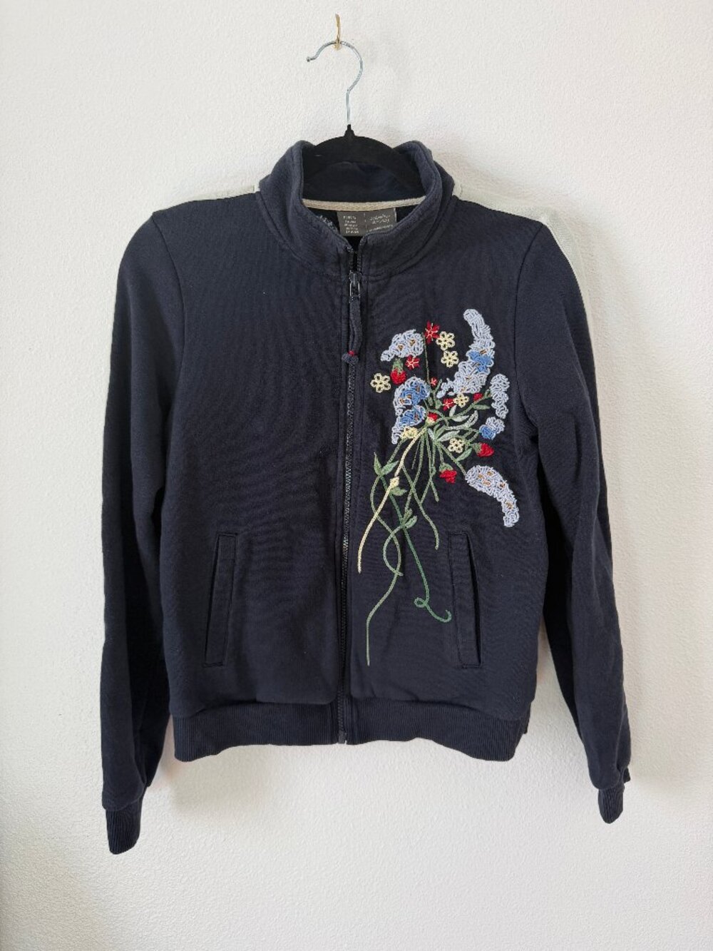 Anthropologie Saturday/Sunday Navy Zip Jacket, Embroidered Florals, Size XS